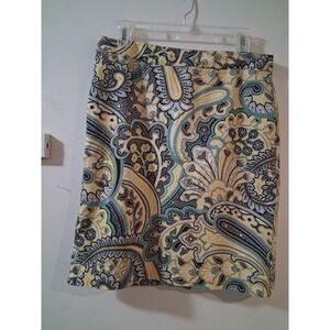 Van Heusen Studio Womens Yellow Teal Paisley Cotton Pencil Skirt Size 6